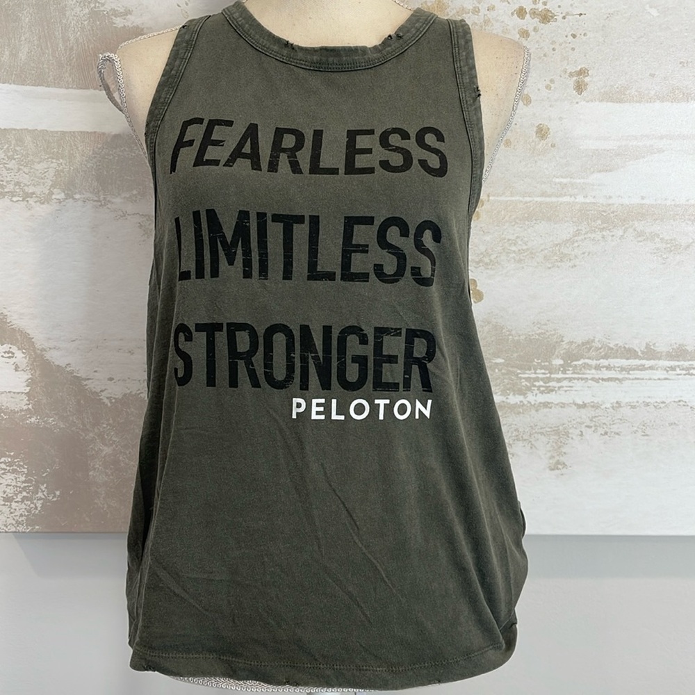 Peloton “Fearless Limitless Stronger” distressed army green tank top